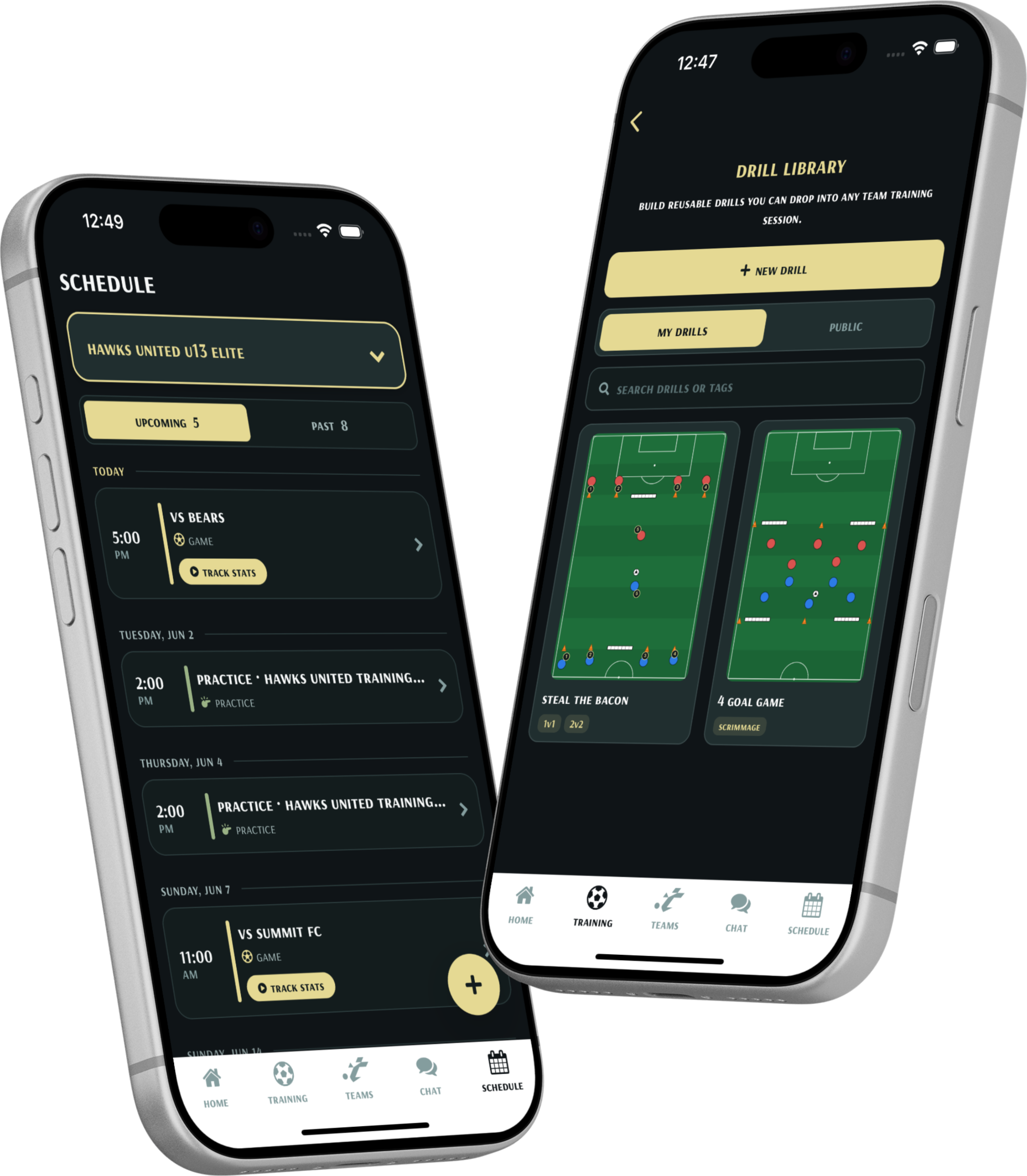 TEAMS FC app showing team schedule and drill library on iPhone